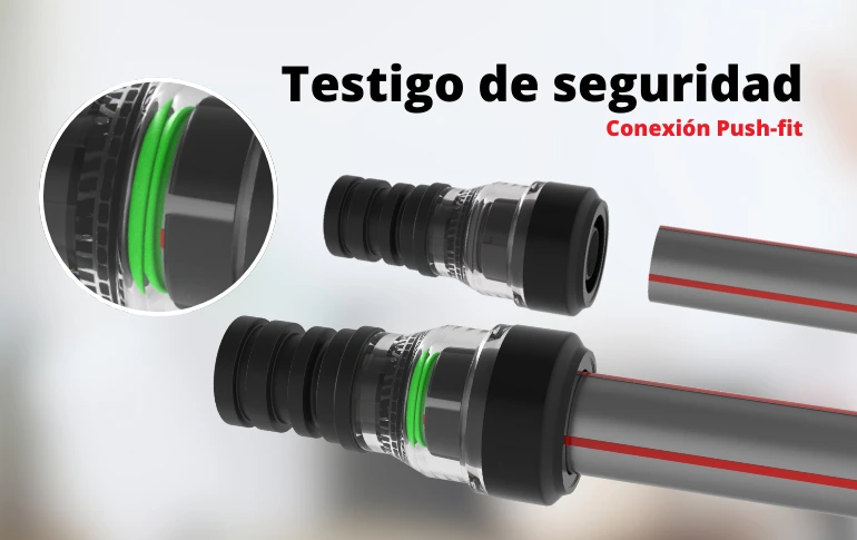 Poly-VIT confirma visualmente la correcta conexión del tubo Testigo visual de seguridad del sistema de conexión push-fit Poly-VIT: oculto antes de insertar el tubo y visible tras la conexión